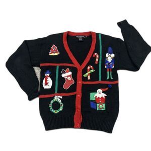 Christmas Cardigan Sweater Nutcracker Knit Snowman Bell Gladys Bagley Medium